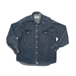 Vintage Levis Mens Sz XL Green Label Button Up Blue Denim Shirt White Button 90s